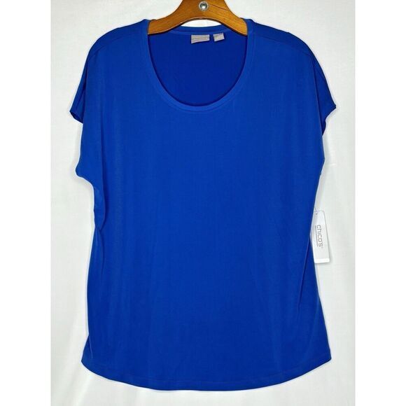 Women’s Chicos Stella High Low Scoop Basic Knit‎ Blue Short-Sleeve Shirt Size 2 - Picture 1 of 3